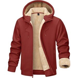 Mens Winter Hoodie Full Zip Fleece Sherpa Lined Warm Red Casual Sweatshirt